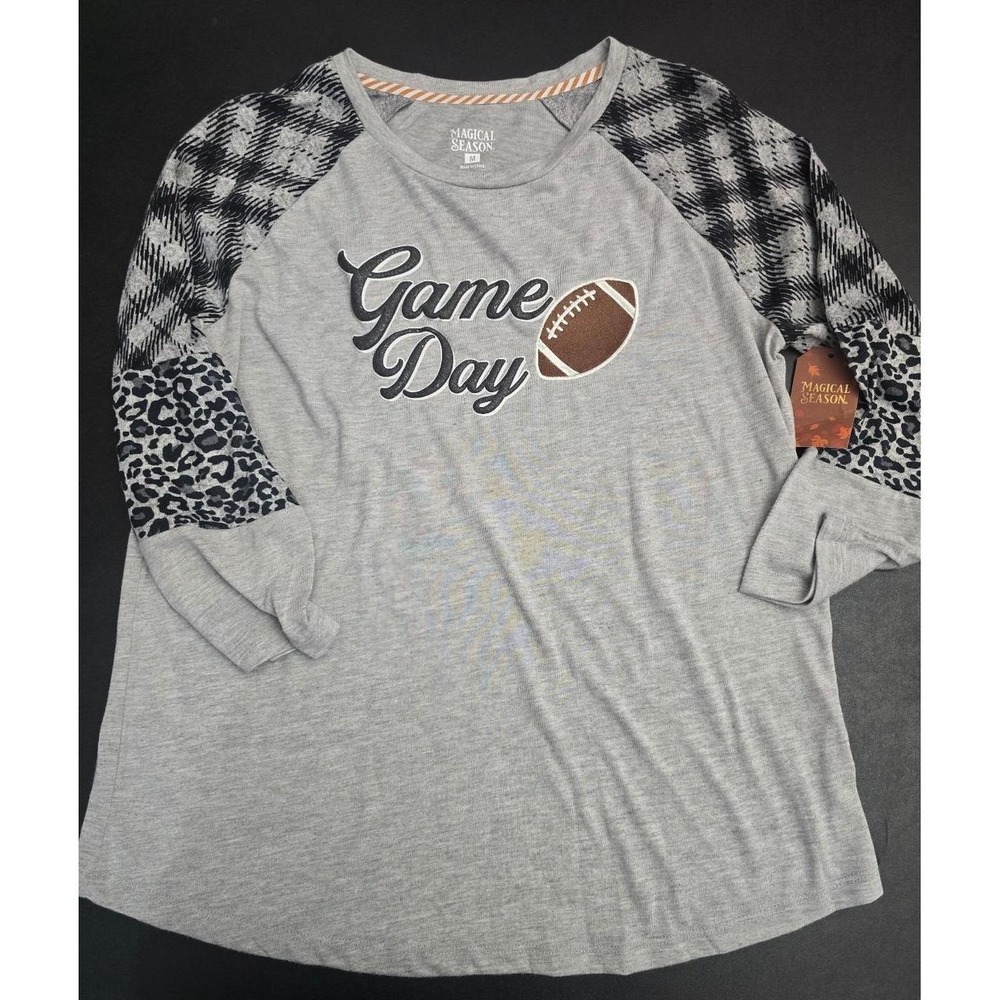 Magical Season NWT Women's Game Day Football Raglan Tee Plaid Leopard M
